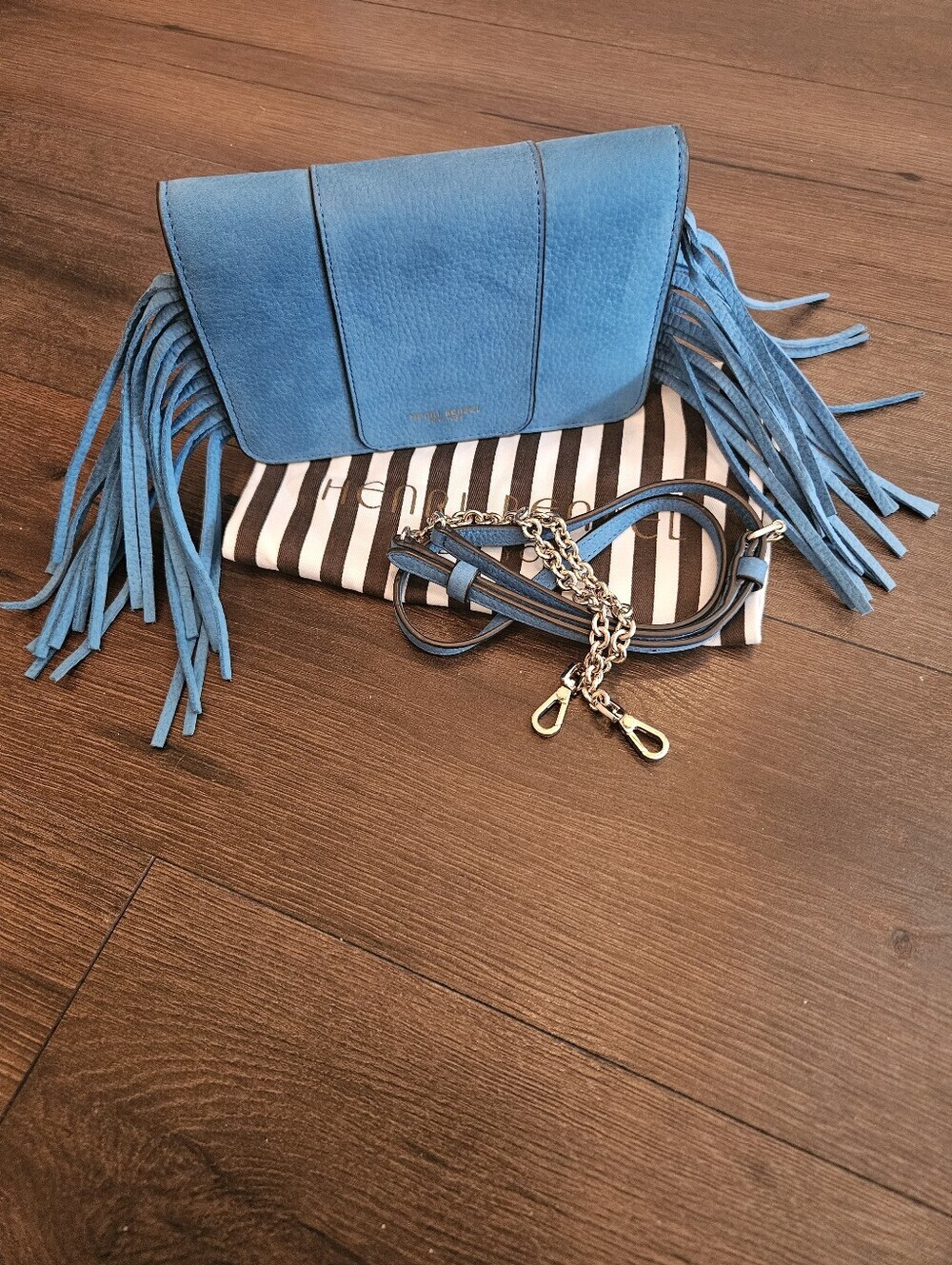 Henri Bendel Blue Leather Fringe Crossbody Wallet Clutch | Convertible | Dusty